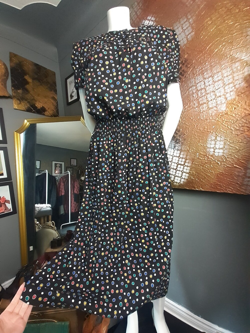 Vintage 1980s Black Polka Dot Midi Dress with Multicolor Dots